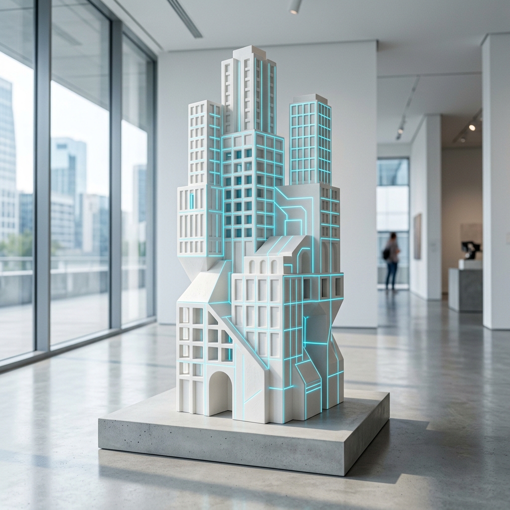 Sculpture 3D moderniste représentant l'architecture numérique à Villeurbanne