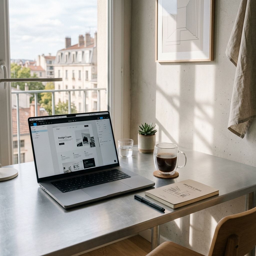 Espace de travail épuré face aux toits de Villeurbanne